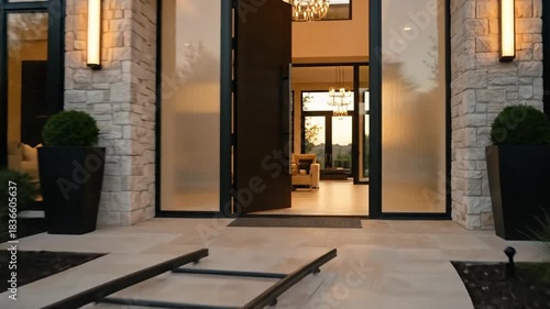 Modern Luxury Home Entrance with Professional Film Equipment Setup.