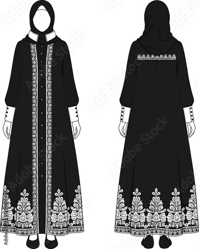Technical Fashion Flat: Modest Black Abaya with White Floral Embroidery and Contrast Stand Collar