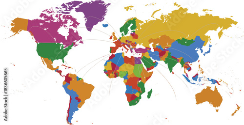 Political World Map: Global Network Centralized in Europe with Contrasting Country Colors