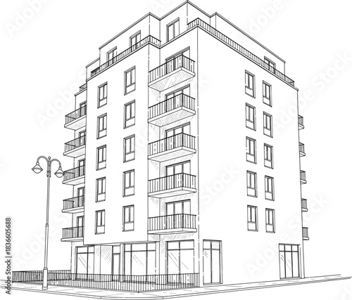 Minimalist Modern Corner Building Sketch: Multi-Story Residential Block with Balconies