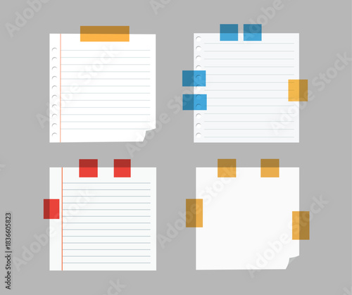Four pieces of lined paper with colorful tape against gray background