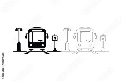 Black and white silhouette of a tram and bus at a station