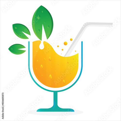 Fresh Juice Glass Illustration – Yellow-Orange Drink with Straw and Green Leaves on Gray Background