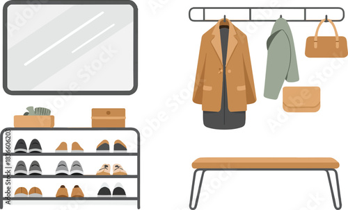 Hallway interior with shoe rack, mirror and clothes, vector flat design, entrance area with furniture and wardrobe for apparel