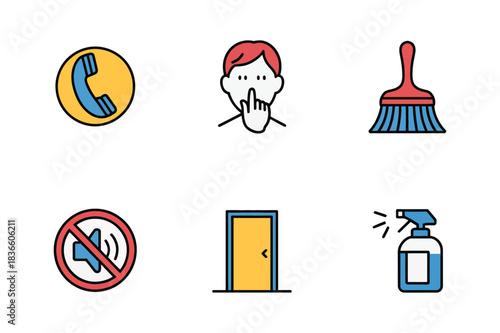 Collection of six simple hand drawn icons representing communication cleaning and quiet