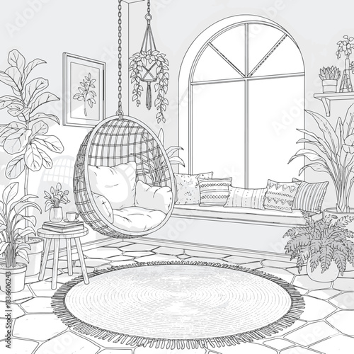 Cozy Sunroom Interior with Bohemian Hanging Chair