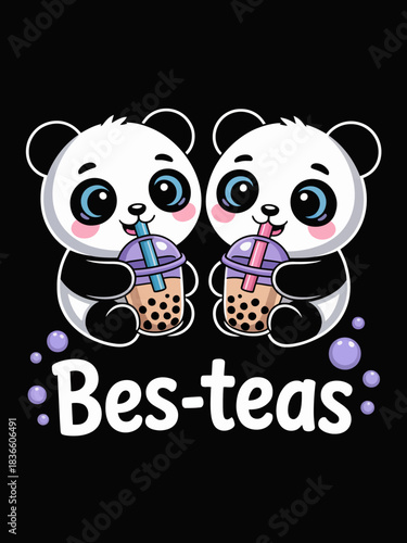 Two adorable pandas sip colorful bubble tea against a black background.