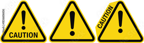 Yellow caution warning signs with exclamation marks in triangular shapes, safety hazard alert icons for danger notification, vector illustration