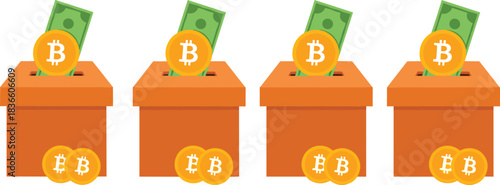 Bitcoin donation box illustration with cash and cryptocurrency coins showing digital payments, financial savings, investment concept and money contribution vector design