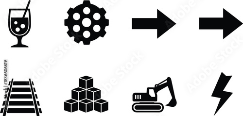 Black industrial icon set featuring cocktail glass, gear wheel, arrows, railway tracks, cube blocks, excavator machine, and lightning bolt symbols