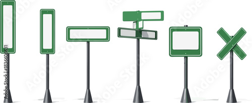 Blank green road signs collection on metal poles, empty street signage set for navigation, highway directions template, vector illustration