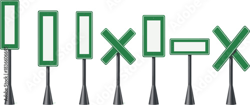 blank green road signs in various orientations and configurations on poles, isolated on white background for design use
