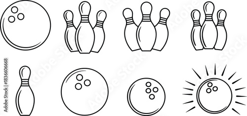 Bowling ball and pin icon collection featuring grouped pins, single pins, classic balls and strike illustrations in clean line art vector style