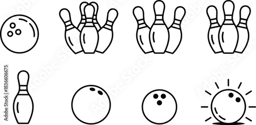 Bowling ball and pin icon set featuring grouped pins, single pins, classic balls and strike symbols in clean line art vector style