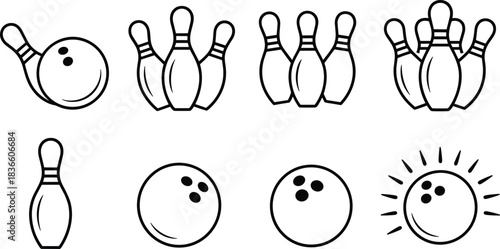 bowling icons including pins, balls, and motion graphics, isolated on white background for sports design use