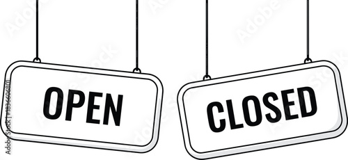 Hanging open and closed door sign set for shops and businesses, retail signage icons showing store status in simple clean vector style