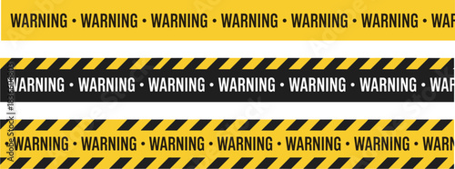 horizontal warning tape designs with repeated caution text in black and yellow, isolated on white for safety and hazard signage use