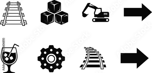 Industrial and transportation icon set featuring railway tracks, ice cubes, excavator, cocktail glass, gear symbol, directional arrows, vector illustration