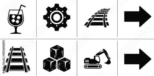 Industrial icon grid featuring cocktail glass, gear wheel, railway tracks, ice cubes, excavator machine, and directional arrows in black vector style