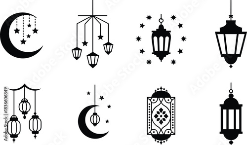 Islamic celebration icons including crescent moons, lanterns, stars, and frames, in silhouette style for festive design use