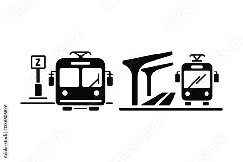 Public transportation station with two trams and shelter