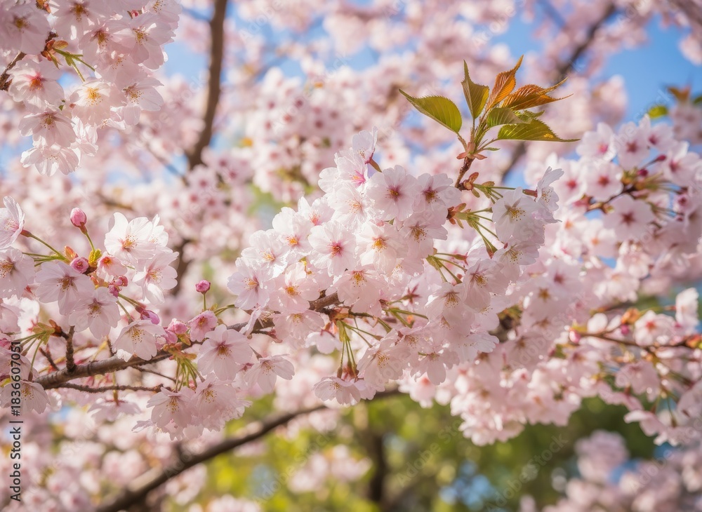 Fototapeta premium Delicate Cherry Blossoms Bursting into Bloom: A Stunning Display of Spring's Beauty Against a Soft Blue Sky.