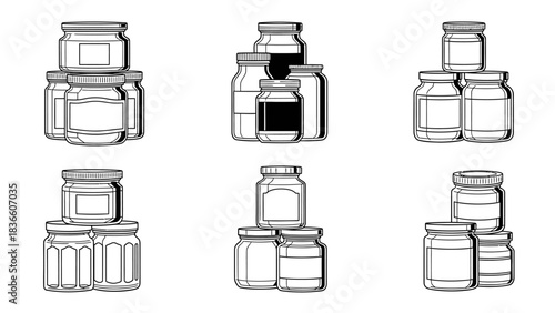 Set of Various Sizes Glass Jars in Line Art Style Stacked Containers With Labels and Lids for Preserving Food Items or Storage 190