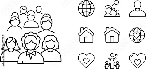 Community outline icons set. Features people, globe, home, heart. Ideal for web design, user interface, infographics. Adaptable, customizable for professional visual content creation