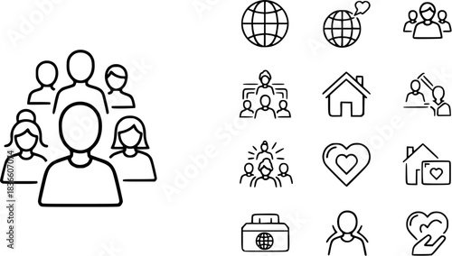 Community outline icons set. Features people, globe, home, heart. Ideal for web design, user interface, infographics. Adaptable, customizable for professional visual content creation