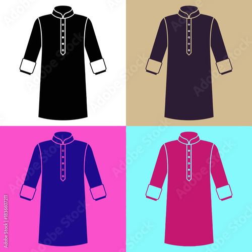 Four colorful men's traditional tunics with mandarin collars in a pop art style grid