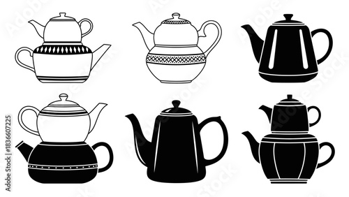 Varied Teapots Collection with Different Shapes and Designs in Black and White Vector Illustration for Beverage and Kitchenware Concepts