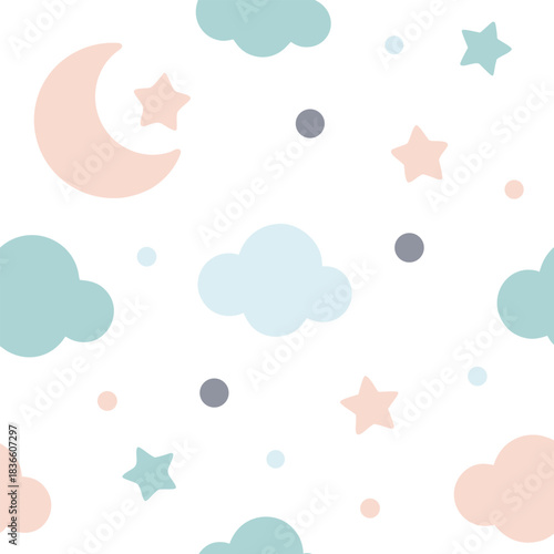 Seamless cute clouds and stars pattern. Pastel sky background for kids nursery. Baby shower vector texture with moon and dreams.