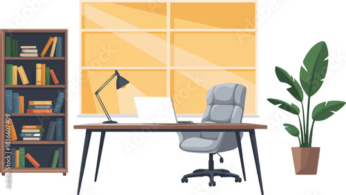 Home office interior with desk, chair, bookshelf, window and plant, flat vector illustration, workspace for study and work