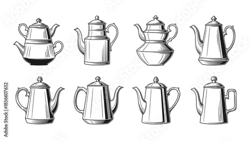 Set of Tea Pots Coffee Pots Kettle Various Styles Brewing Hot Beverages Teatime Coffee Time Collection Elegant Stainless Steel Metal Dishes Different Designs