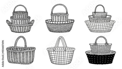 Collection of Weaved Baskets with Handles in Different Sizes Various Shapes Ideal Storage Home Decor Decorative Container Organizing Items Rustic Country Style