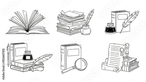 Collection of Writing Tools and Books with Feather Pen Inkwell Magnifying Glass and Scrolls Antique Style Illustrations for Literary Themed Projects