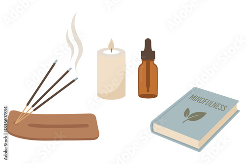 Mindfulness and relaxation essentials set vector illustration isolated on white background