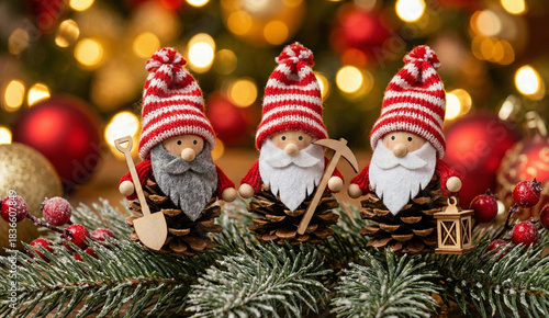 Three handmade Christmas gnomes made from pinecones sitting on a fir branch with festive warm bokeh lights background. Cute holiday decoration toys with red and white felt hats.