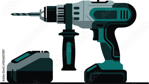 Illustration of Electric Drill with Bit and Rechargeable Battery Equipment for Construction and Repairing Home Tool on Transparent Backdrop