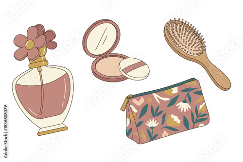 Beauty and personal care vector illustration with perfume, compact, brush, and bag
