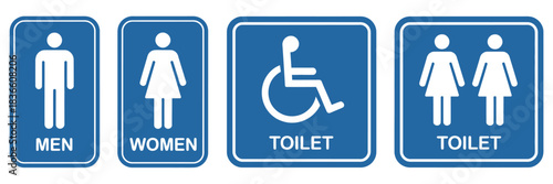 Toilet Sign Printable Public Sign, Symbol Man Woman WC, Simple Blue Minimalist Design Illustration, Restroom Template, Vector Graphic for Workplace, Restaurant, and Public Facility,