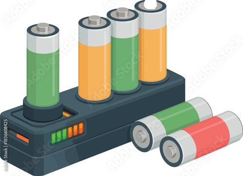 Isometric Illustration Depicting Battery Charger with Rechargeable Batteries and Charging Indicators Isolated On Transparent Background