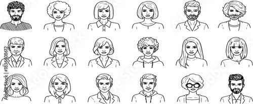 Diverse group of people hand drawn portraits in black and white line art