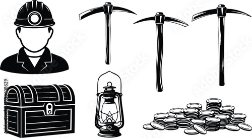 Flat icon set high contrast silhouettes miner avatar and mining tools holding helmet beside treasure chest pile of coins and oil lantern isolated on white background