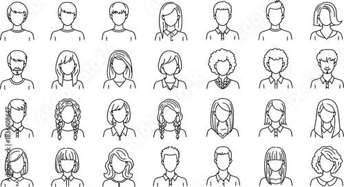 Collection of diverse sketched faces and headwear styles in a grid arrangement