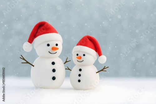 Two Cute Snowmen in Santa Hats on Snowy Bokeh Background — Christmas and Holiday Greeting Card Banner