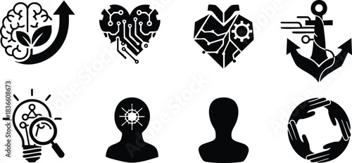 Flat design set of ten black vector icons brain growth arrow heart with circuit broken heart anchor light bulb with magnifier user silhouettes and teamwork circle