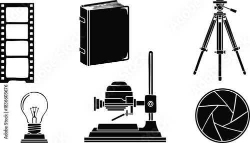 Flat icon set featuring vertical film strip vintage camera mounted on tripod book film reel light bulb aperture shutter elements isolated on white background minimalist vector