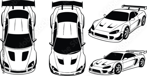 Line art vector top view and three quarter perspective sports car set with rear wing hood vents racing stripes front angle isolated black and white outline