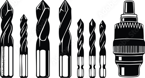 Line art technical illustration of seven drill bits and a drill chuck arranged by size side view high contrast black and white vector silhouette isolated studio
